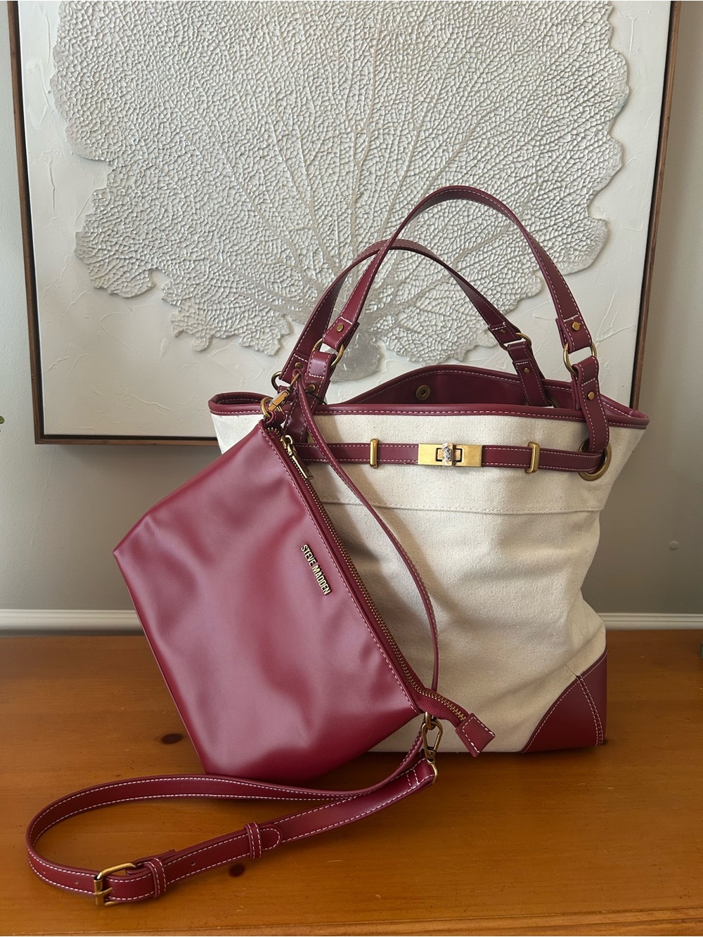 Steve Madden BOGO Canvas Tote with Deep Red Trim BOGO Matching Crossbody